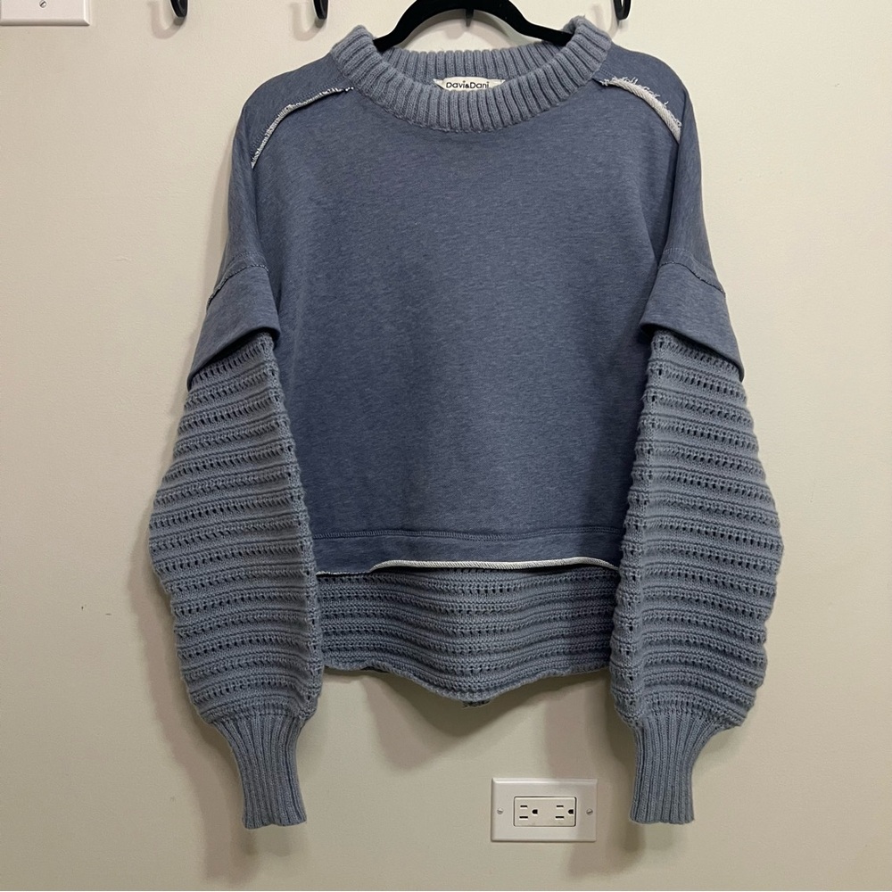 DAVI & DANI Dusty Blue Balloon-Sleeve Crewneck Layered Sweater Elevated Spring